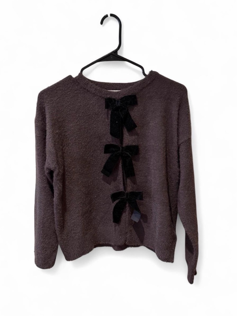 Rachel Zoe Dark Brown Crewneck Sweater with Velvet Bows